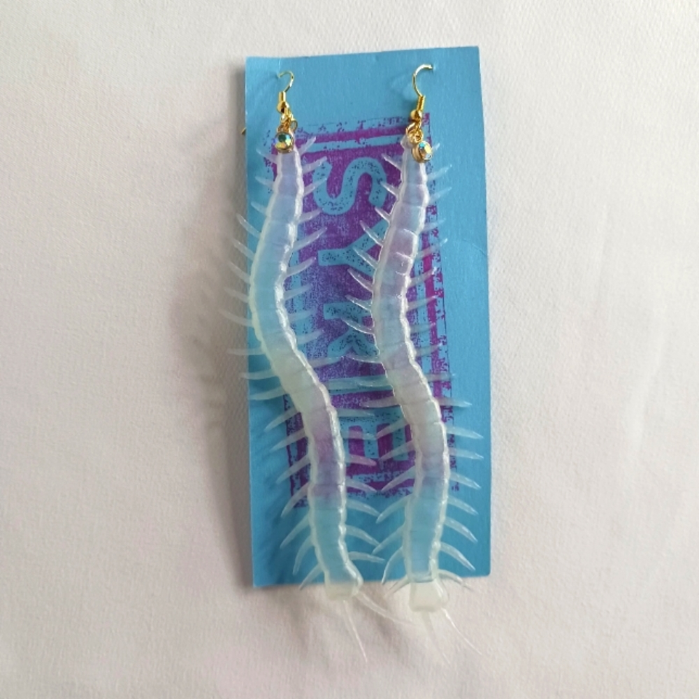 Glow-in-the-Dark Clear Plastic Centipede Earrings with Gold Metal.